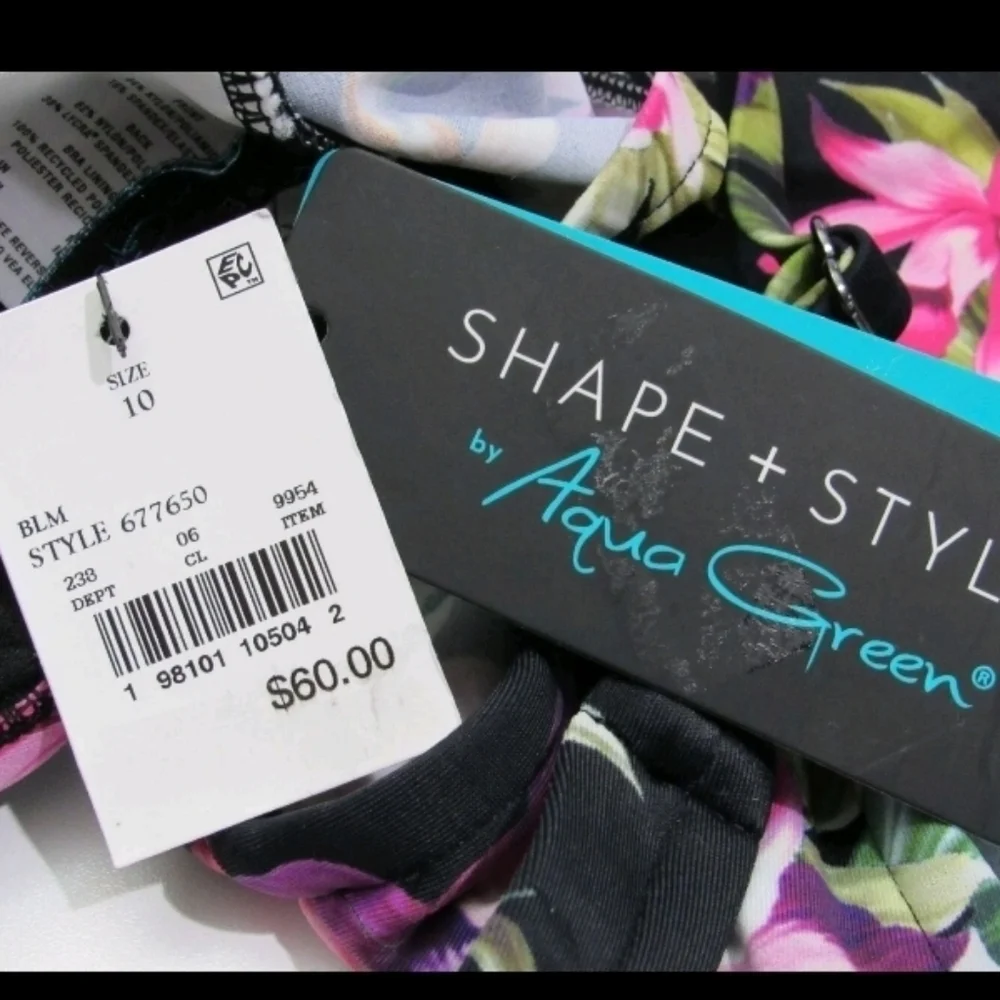 Aqua Green Women's UPF 50 V Neck Ruched Shaping Swimsuit Black Floral Size 10